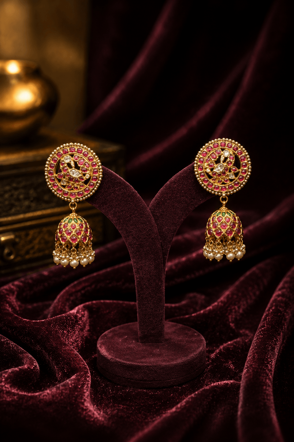 Royal Ruby & Polki Floral Studs with Pearl Bell Jhumkas — Siddhivinayak Jewellers