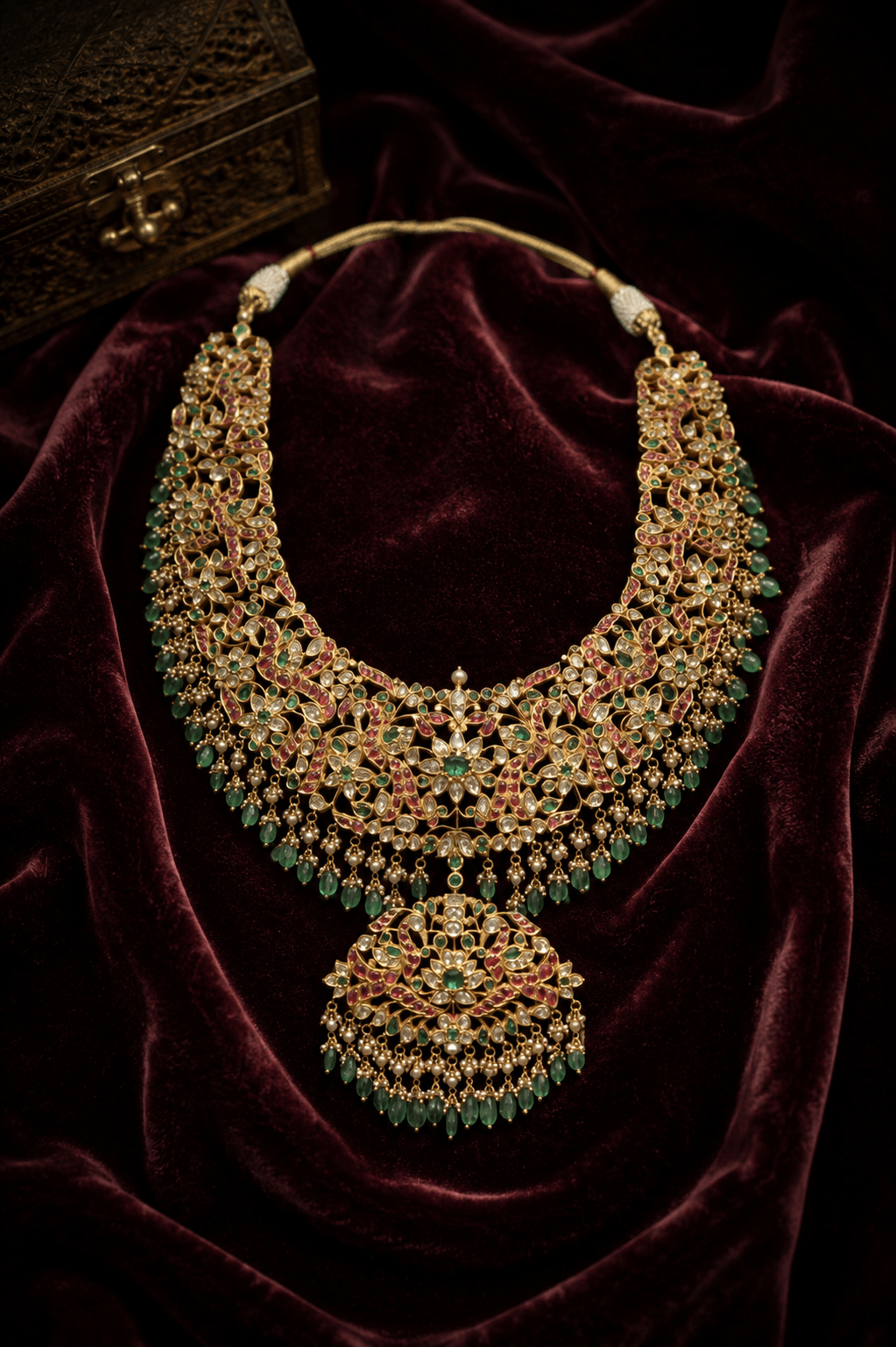 Rajputana Grand Filigree Kundan Polki Choker with Emerald Tassels — Siddhivinayak Jewellers
