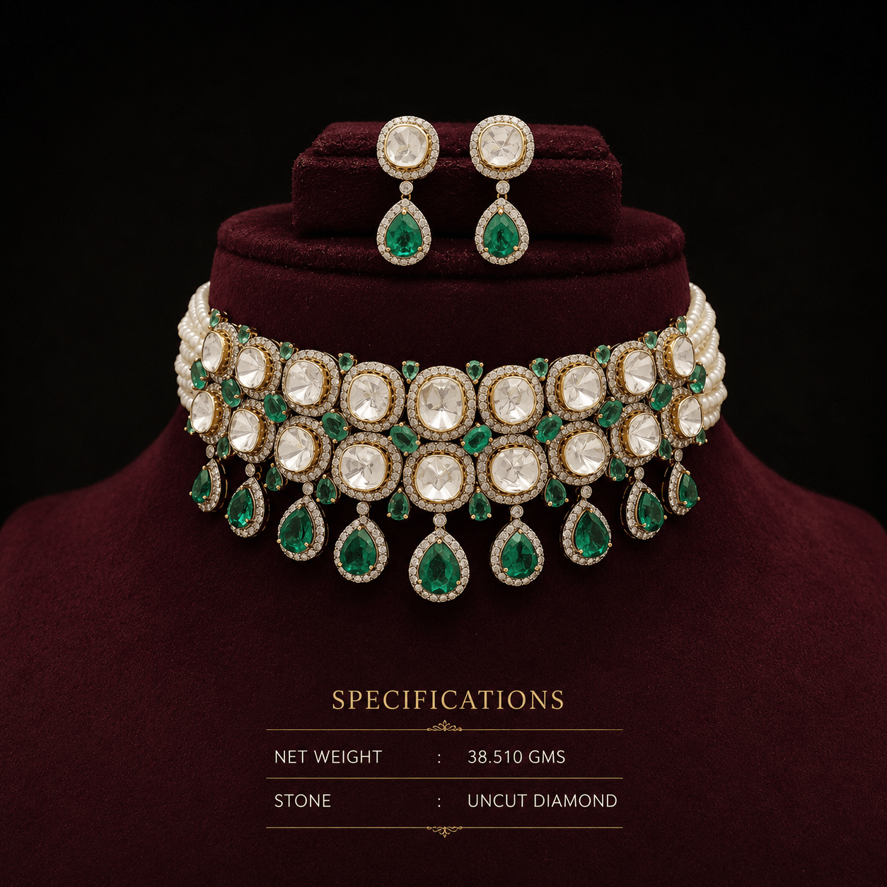 Emerald & Uncut Diamond Tiered Choker — SiddhiVinayak Jewellers